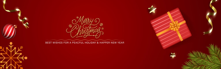 Merry Christmas Red Holiday Background with Gift Box, Ribbon, Snowflake and Pine Branch, Festive Seasonal Celebration, Holiday Decoration, Sparkle and Shine, Greeting, Winter Festivity, Holiday