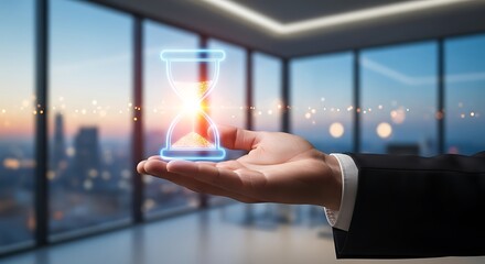 Hand holding glowing hourglass with sand falling against city skyline at sunset time falling sand