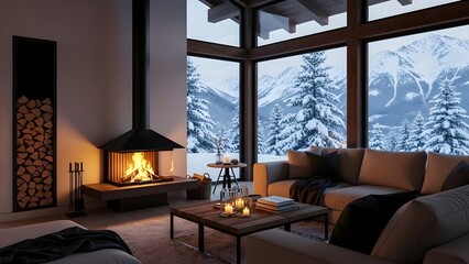 Cozy modern living room interior with fireplace and large windows overlooking a snowy mountain landscape in winter