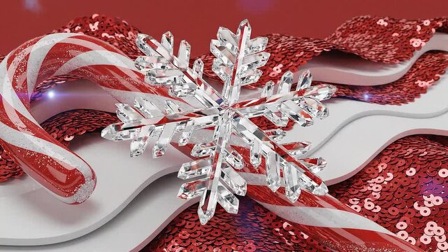 Elegant Christmas Background with Crystal Snowflake, Candy Cane, and Red Sequins 3D Render