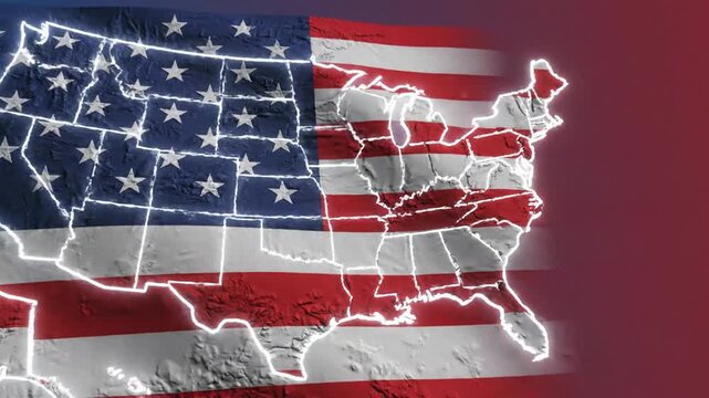 USA map banner with embossed glowing borders soft flag texture overlay on blue red gradient background