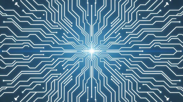 Abstract glowing blue circuit board pattern background with central light source, technology and digital concept