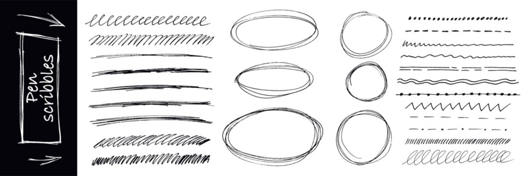 Black pen artwork combining round circle underline sketches with doodle arrow forms. Vector set kit bundle crafted to highlight text through energetic scribble oval line design.
