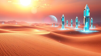 Sci-Fi Desert Mirage with Holographic Dunes and Futuristic Crystal Structures