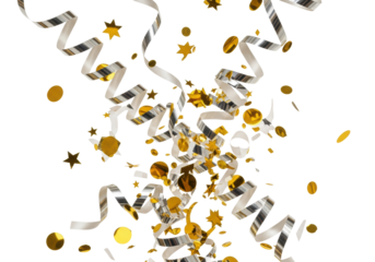 Highly reflective gold confetti (circles, stars, squares) and silver streamers frozen mid-fall against a crisp white studio background. Concept for luxury celebration
