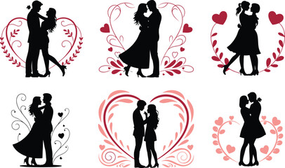 A collection of silhouette illustrations depicting couples embracing and sharing affectionate moments often framed by hearts and floral designs conveying romance high quality professional detailed