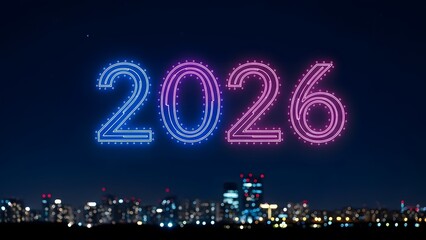 Glowing neon 2026 new year celebration over city skyline at night