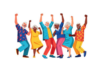 group of diverse senior citizens (mid-60s) in bold colorful casual attire jumping exuberantly, depicted mid-air on a transparent background, flat vector graphic design concept of active aging