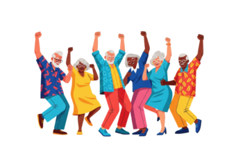 group of diverse senior citizens (mid-60s) in bold colorful casual attire jumping exuberantly, depicted mid-air on a transparent background, flat vector graphic design concept of active aging