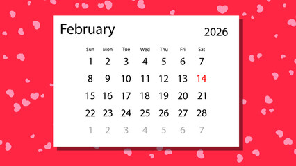 Romantic February 2026 Valentine&rsquo;s Day Calendar Design on Love Hearts Background Vector Art