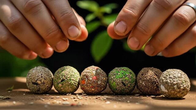 Close-up of hands preparing seed balls for planting, promoting sustainable gardening and reforestation efforts.