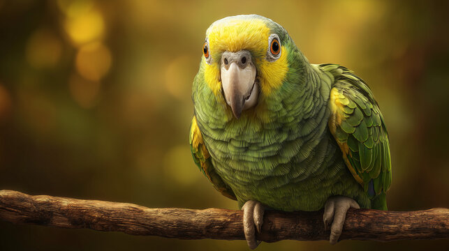 Vibrant Green Parrot Perched On Branch In Warm Tropical Light Close-Up Portrait