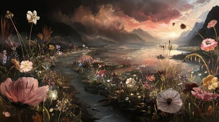 Floral Meadow Landscape At Sunrise