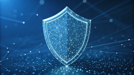 A glowing digital shield symbolizing cybersecurity, surrounded by interconnected data points and a blue background.
