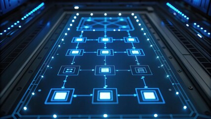 A futuristic interface with glowing blue circuitry and interconnected nodes, suggesting advanced technology or data processing.