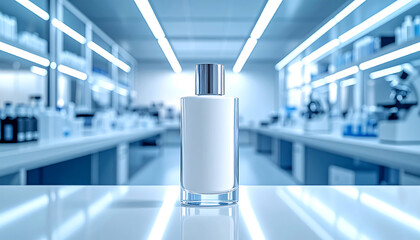 Blank white perfume bottle mockup on a laboratory table with modern clinical background