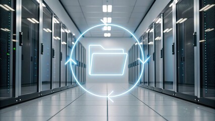 A modern data center corridor featuring server racks, with a digital icon representing file management and synchronization.