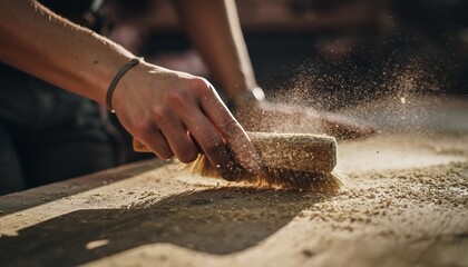 Carpenter Hand Brushing Wood Surface with Brush