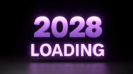Obraz premium Vibrant Neon 2028 Loading Text with Glow Effect on Dark Background for Future Concepts and Countdown Themes in Media and Digital Marketing