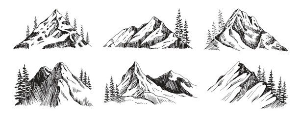Mountain and Fir Tree Element Collection – Hand-Drawn Vector Sketch Illustration Featuring Natural Landscape Forms for Design and Creative Artwork Projects