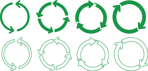 Green recycle arrow icons showing circular motion in two and three arrow variations