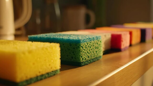 Close-up on a row of colourful cleaning sponges on counter
