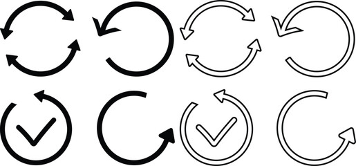 Black arrow circle icons show refresh, reload, and confirm symbols on a white background