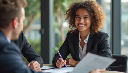 Confident woman smiling during a business meeting
