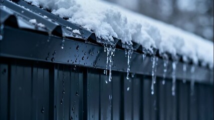 Melting snow drips from a roof forming icicles with snowflakes falling gently - Powered by Adobe