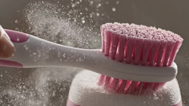 Close-up of a pink brush dusting powder from a bottle, creating a cloud of fine particles in a studio setting.