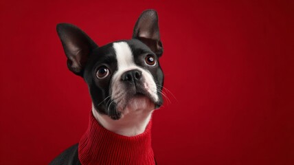 Charming Boston Terrier in a cozy red sweater poses against a vibrant red background, showcasing its adorable features.
