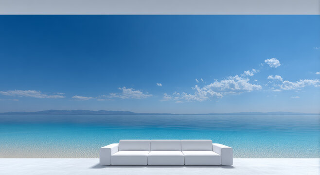 White couch near a serene blue ocean under a clear sky with fluffy clouds