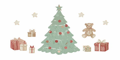 A festive illustration of a christmas tree with gifts and a teddy bear