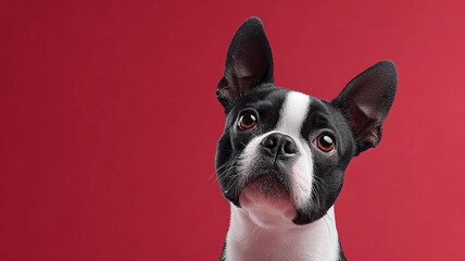 A charming Boston Terrier dog with alert eyes against a vibrant red background, showcasing its playful nature.
