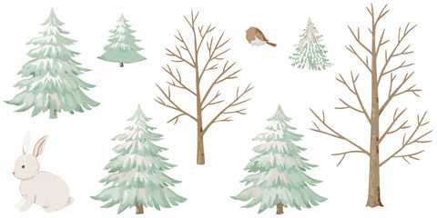 Winter scene featuring pine trees a rabbit a bird and bare branches