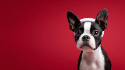 A playful Boston Terrier puppy with expressive eyes and a festive Santa hat against a vibrant red backdrop.
