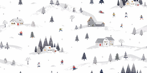 A serene winter landscape featuring snowy hills houses and people enjoying the season