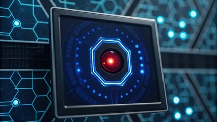 A futuristic display screen with a glowing red center, surrounded by intricate blue hexagonal patterns, set against a dark technological background.