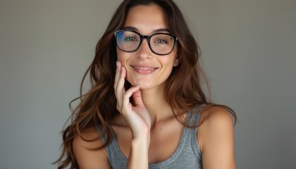 Smiling woman with glasses radiating confidence