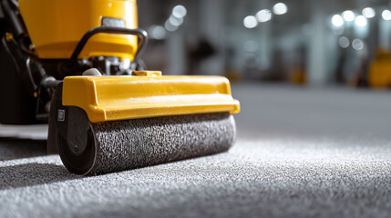 Close-up of industrial carpet cleaning machine in operation on commercial carpet flooring  