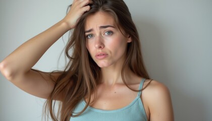 Concerned young woman with long hair