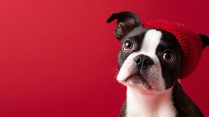 charming Boston Terrier a festive wearing  Santa ed knit hat against a vibrant red backdrop, showcasing its expressive eyes.