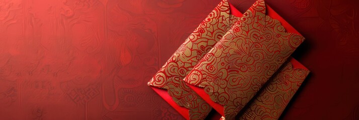 Festive chinese lunar new year envelopes on decorative red background for celebratory design. Horizontal banner. Copy space. Red envelope hongbao on a red background