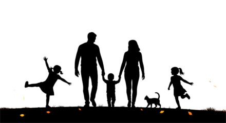 dynamic black silhouettes of parents, toddler, and two older children mid-cartwheel/leap, plus a cat, against a minimalist autumn park and brilliant white background. concept of childhood energy and