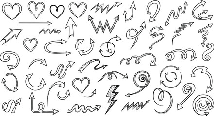 Hand drawn doodles set with hearts arrows and swirls