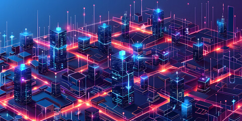 Futuristic smart city network with glowing blue lights and red data flow
