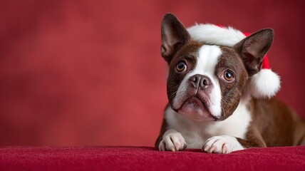 charming Boston  Terrier a festive wearing  Santa hat against a vibrant red backdrop, perfect for holiday themes.