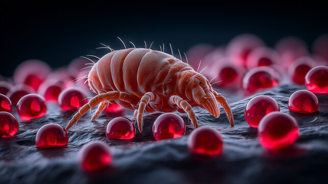 Macro view of a dust mite crawling on textured surface surrounded by red spheres, symbolizing allergens and microscopic pests  