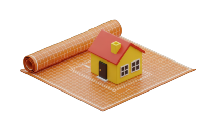 House Blueprint with Miniature House: Architectural Planning Concept