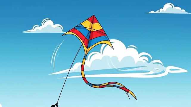 Colorful Kite Flying High in a Bright Blue Sky with Fluffy Clouds.